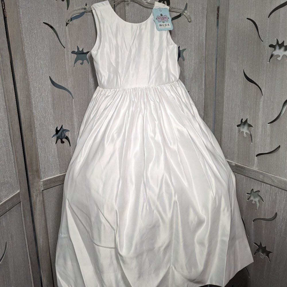New Holy first communion white long satin flower girl dress size 14